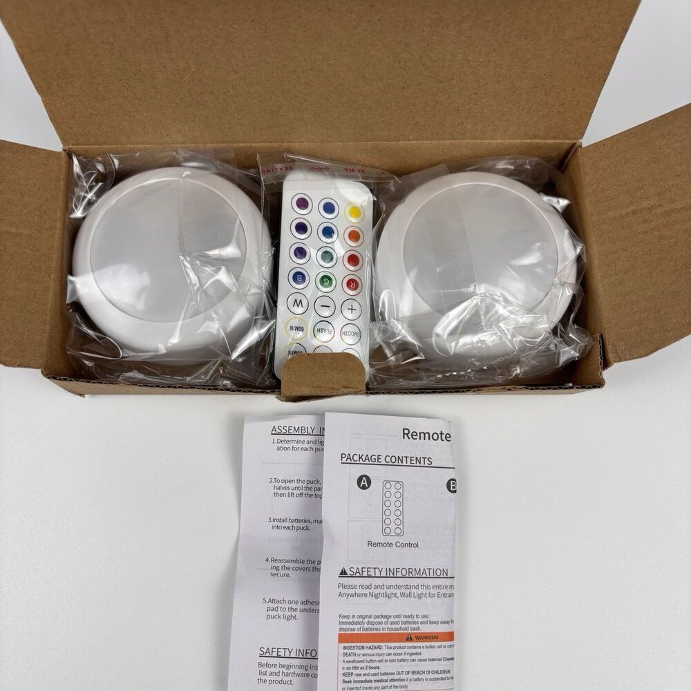 RGQSUN 2 Pack RGB LED Puck Lights Remote Magnetic Under Cabinet Closet Lamp NEW